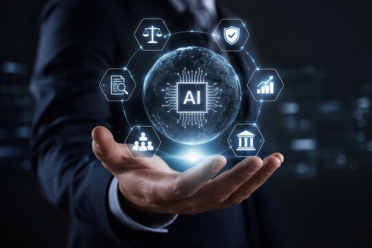 Executive hand presenting AI audit globe with agentic transparency and algorithmic accountability icons for corporate governance, AI compliance and financial safety management