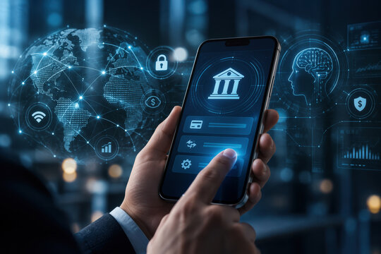 AI mobile banking interface on smartphone with digital payments and fintech security dashboard over global data network and cybersecurity icons for secure finance