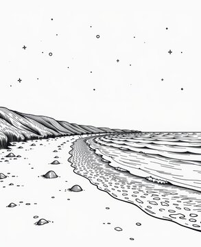Minimalist coastal landscape illustration with starry sky for education or creativity in monochrome