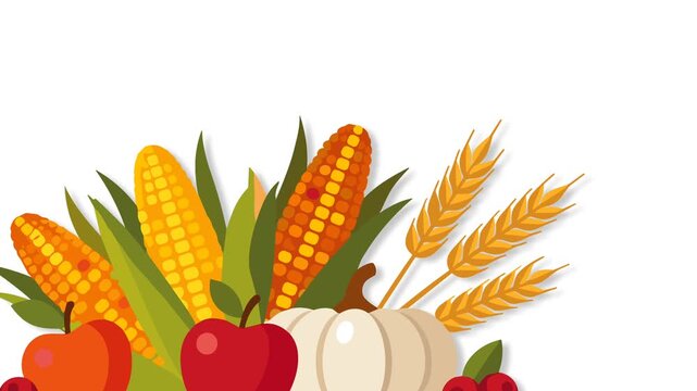Thanksgiving Harvest Border Motion Background With Corn Pumpkin Apples Wheat Leaves.