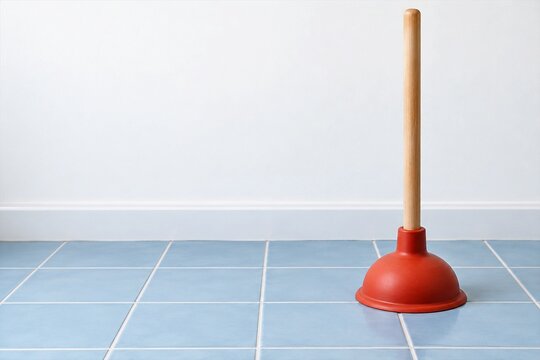 Red rubber plunger with wooden handle on blue bathroom tiles