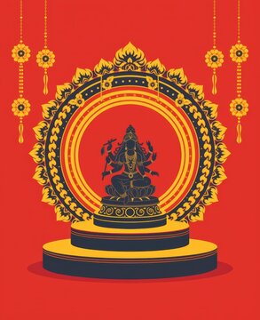Elegant Hindu Deity Statue with Ornate Golden Frame on Red Background for Cultural Knowledge