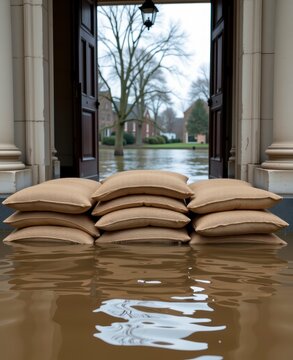 Flooded entrance porch with sandbags and water reflection, emergency preparedness, neutral background