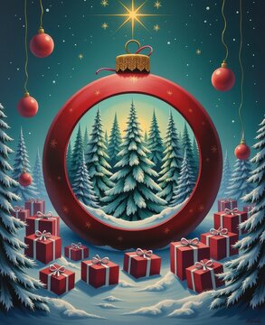 Festive Christmas ornament framing snow-covered pine forest with gifts and starry sky