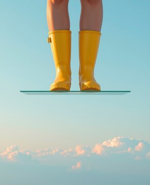 Person Standing on Glass Platform in Yellow Boots Lofty Sky Background Minimalist Composition