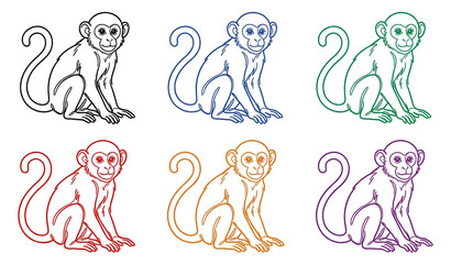 Set of six colorful hand drawn monkey illustrations in a simple sketch style on a white background © Saiful
