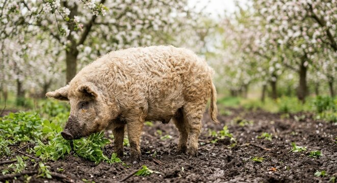 Rare Mangalica Pig with Unique Thick Curly Wool Foraging in a Blooming Spring Orchard with White Flowers, Traditional Hungarian Breed Swine Standing on Muddy Ground in a Rural Farm Setting
