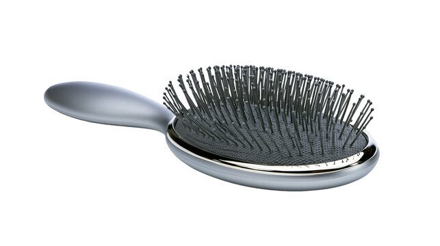 Silver metallic oval hair brush with black bristles and ergonomic handle