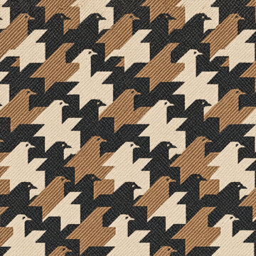 Retro bird tessellation pattern, geometric houndstooth avian background, seamless stylized bird graphic in black, beige and brown