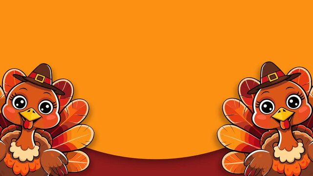 Cute Animated Thanksgiving Turkey Background Frame Loop with Orange Copy Space for Autumn Season Celebration.