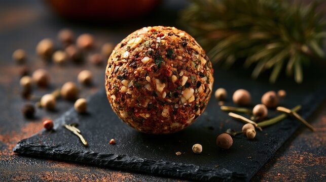 Macro photograph of a compact seasoning sphere made from paprika, garlic, pepper, herbs, and sea salt, with visible spice grains on a dark slate board, scattered peppercorns, and dried rosemary.