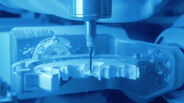 Dental prosthetics manufacturing with milling bur shaping crowns from workpiece, precision CNC cutting of custom tooth restorations in laboratory for CAD CAM dentistry and restorative dental treatment