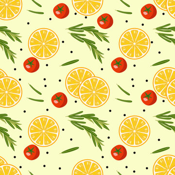 Lemon, Tomato, and Rosemary Seamless Pattern Background, suitable for wallpaper, backdrop, textile design