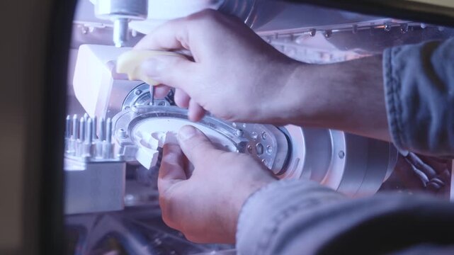 Dental milling machine workpiece fixation with screwdriver, technician tightening holding clamp around prosthetic teeth before CAD CAM processing in digital dentistry laboratory.