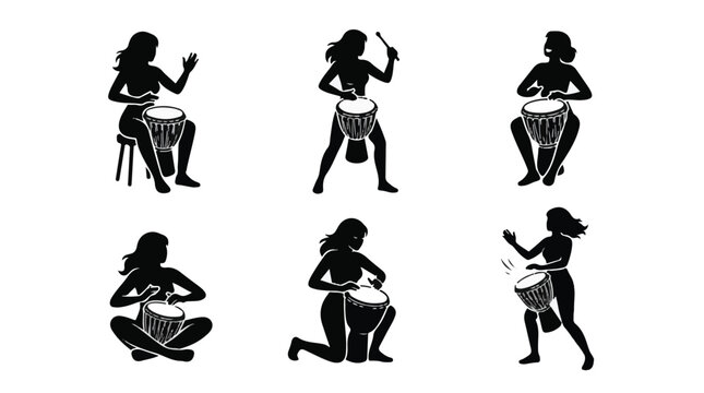 Women Playing Djembe African Drum Silhouette Vector Set

