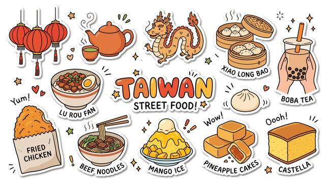 Taiwanese street food illustration featuring fried chicken lu rou fan