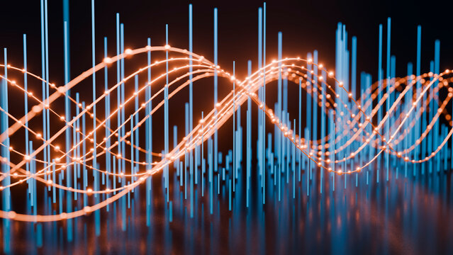3d digital illustration of waveform and data bars for analytics
