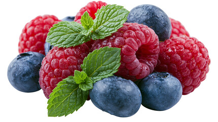 Fresh red raspberries and blue blueberries with green mint leaves garnish © Marina