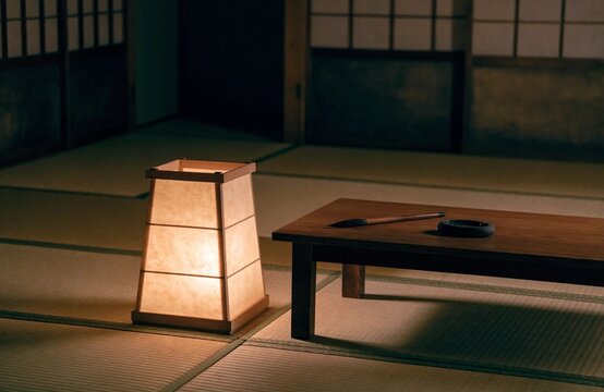 Glowing paper andon lantern and low writing desk with brush and inkstone in a tatami room at night