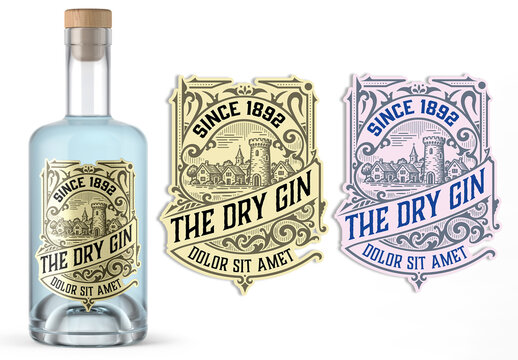 Vintage Gin Label Design with Ornamental Distillery Emblem