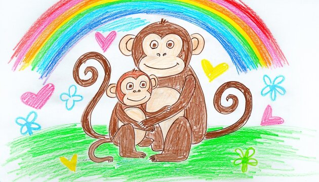 Detailed kid made crayon drawing of a loving mother monkey sitting beside her adorable baby monkey.