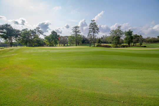 Beautiful golf course landscape featuring lush green fairway outdoor setting represents golf recreation  leisure nature and premium golf club facilities.
