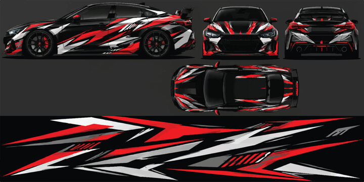 Automotive racing decals applied to a sports car from multiple angles with a dark background
