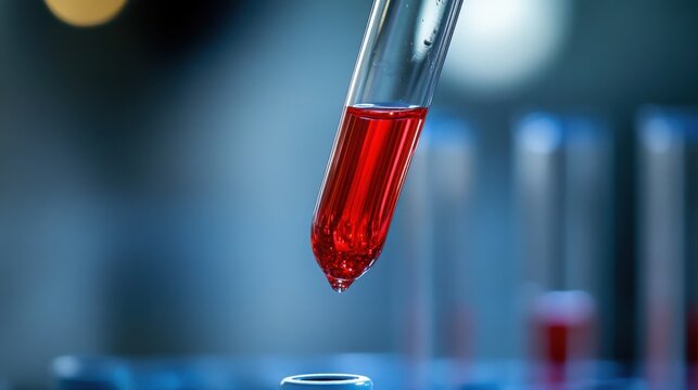 Close Up of Glass Pipette Dropping Red Liquid Sample into Test Tube, Medical Laboratory Blood Analysis and Scientific Research