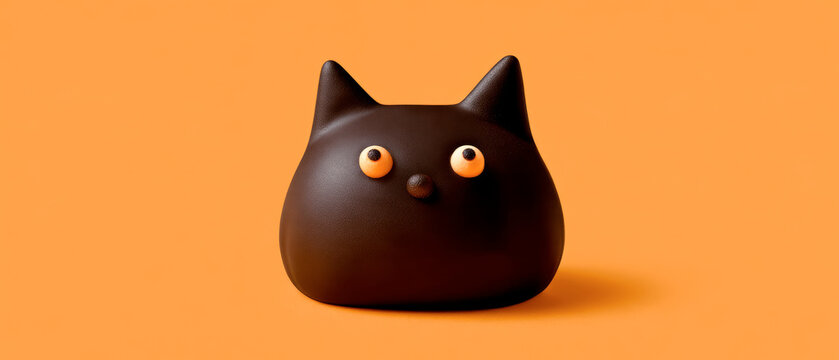Cute Black Cat Shaped Halloween Chocolate on Orange Background