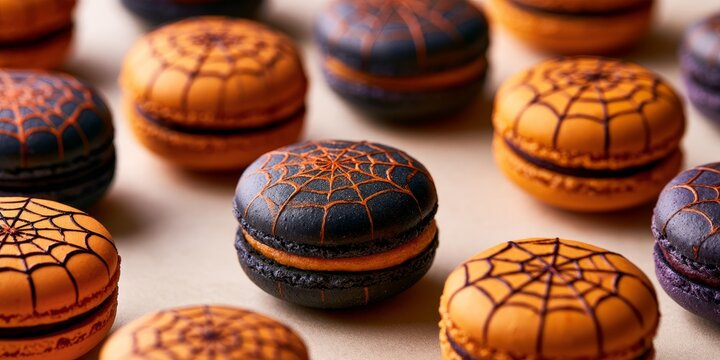 Halloween Macarons Decorated with Spiderweb Patterns and Colorful Filling