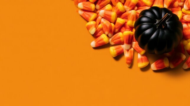 Halloween Candy Corn with Black Pumpkin on Orange Background