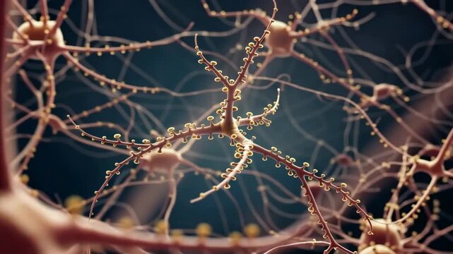 Animated microscopic view of branching neurons with glowing synaptic structures expanding through a dense neural network in warm golden and brown tones