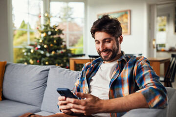 Smiling man using smartphone on sofa near christmas tree at home © baranq
