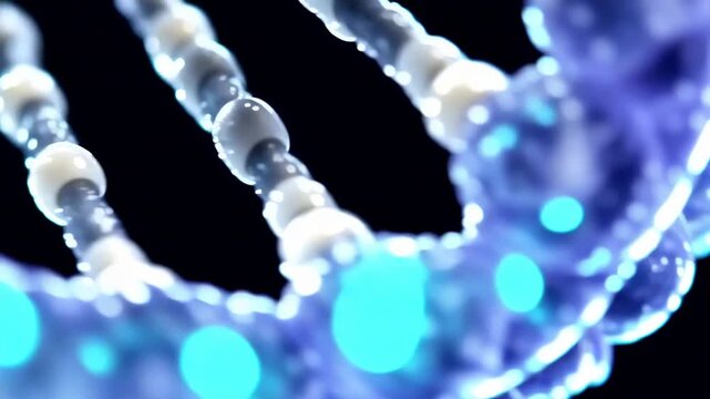 Three dimensional DNA double helix rotating through illuminated blue molecular strands and paired nucleotides in a scientific biotechnology animation