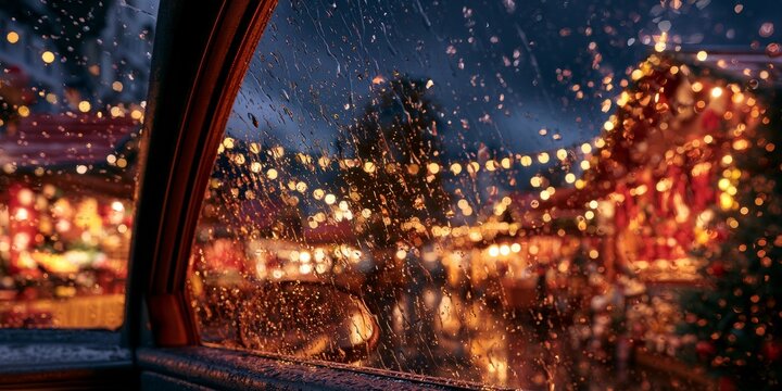 Rainy Christmas Evening Viewed Through Car Window With Festive Lights