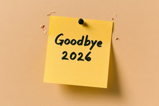 Yellow note with goodbye 2026 message pinned to a textured beige wall, casting a soft shadow in a simple farewell message display