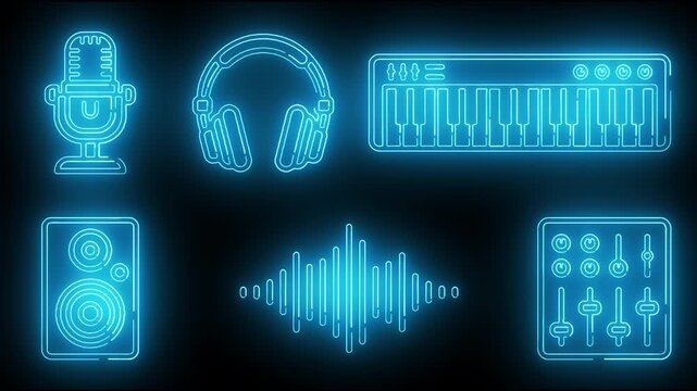 Neon Blue Professional Audio Recording Music Production and Sound Equipment : condenser microphone, studio headphones, MIDI synthesizer keyboard, speaker monitor, sound wave, audio mixer board   