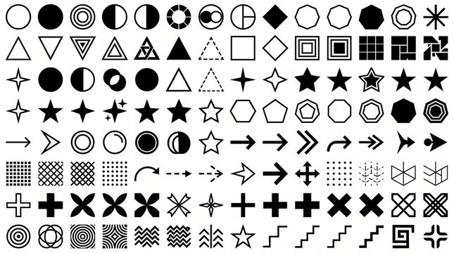 Minimalist geometric symbol collection featuring outlined and solid circles, triangles, squares, stars, polygons, arrows, grids, crosses, and abstract black vector icons.