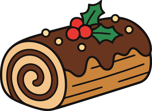 Traditional chocolate yule log cake with holly berries christmas tradition frosting sprinkles delicious illustration isolated background