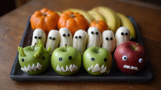 Creative Halloween Fruit Monsters on Wooden Tray, Spooky Apple and Banana Party Snacks for Kids