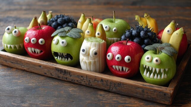 Creative Halloween Fruit Monsters on Wooden Tray, Spooky Apple and Banana Party Snacks for Kids