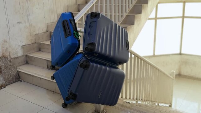 Three blue hard-shell suitcases stacked awkwardly on an indoor stairwell railing during daylight. Heavy rolling luggage left abandoned on tiled stairs highlights moving or travel stress.