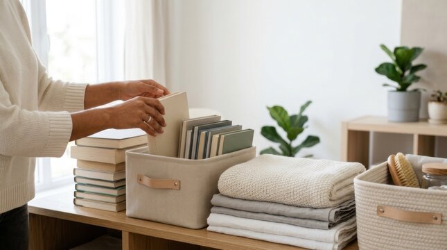 Woman organizing books and blankets for home decluttering