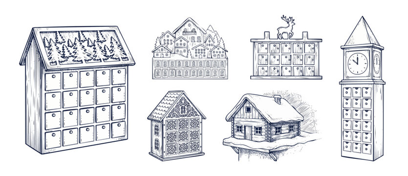 Christmas advent calendar sketch set featuring wooden holiday houses, clock tower countdowns, and reindeer designs isolated on white for festive winter graphic design and vintage holiday craft project