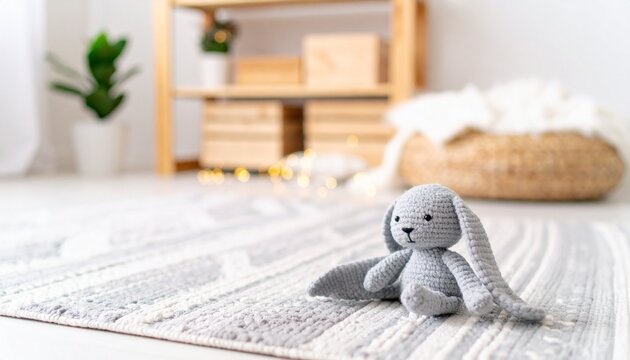 ぬいぐるみ うさぎ 編み物 ハンドメイド インテリア ナチュラル 北欧 リビング ラグ 幾何学模様 木目調 家具 植物 日光 陽だまり 癒し プレースホルダー 背景素材 合成用 温かみ 静寂 手作り