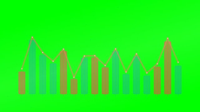 Seamless looping 2D vector motion graphic featuring dynamic financial cryptocurrency candlestick charts, glowing market data streams, and moving average trend lines on a chroma key green screen backgr