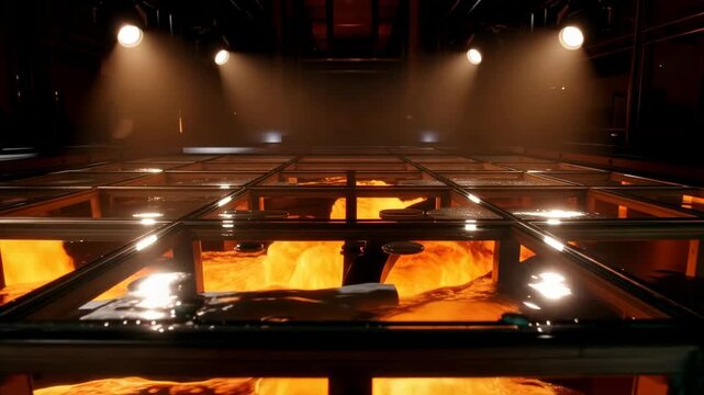 Glowing orange fluid flowing beneath illuminated glass panels as camera moves through dark industrial interior with reflections and overhead spotlights in dramatic abstract installation