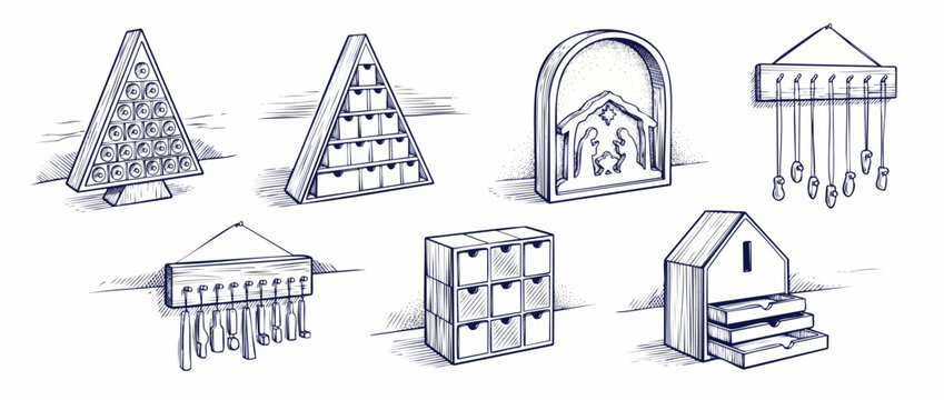 Wooden Christmas advent calendar craft illustration set featuring nativity scene mini storage drawers and hanging holiday decorations for DIY woodworking projects line art sketch design graphic