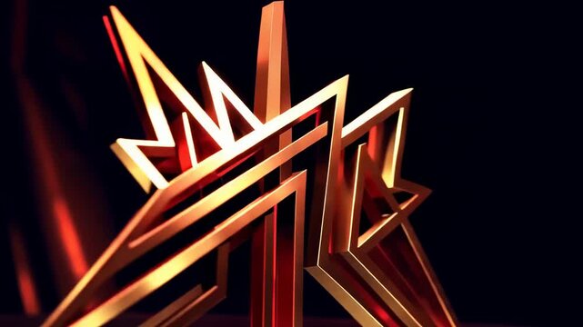 Abstract metallic star forms rotate and shift through dramatic red and gold light, creating a futuristic geometric motion graphic on a dark background
