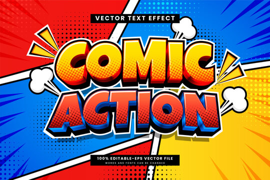 Editable vector text effect featuring bold 3D comic lettering, halftone shading, and dynamic pop art styling. Perfect for action titles and comic book covers.